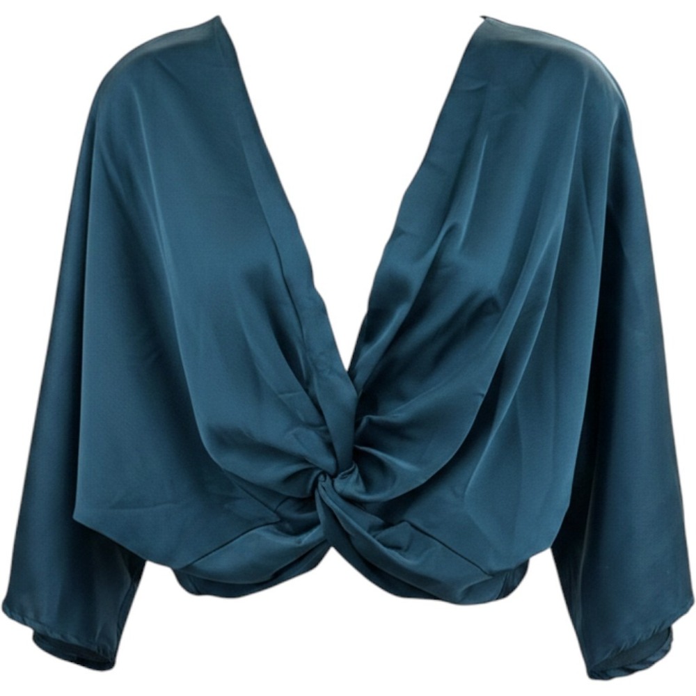 Renee C Teal Blue Satin Twist Front Dolman Sleeve V-Neck Crop Blouse Top